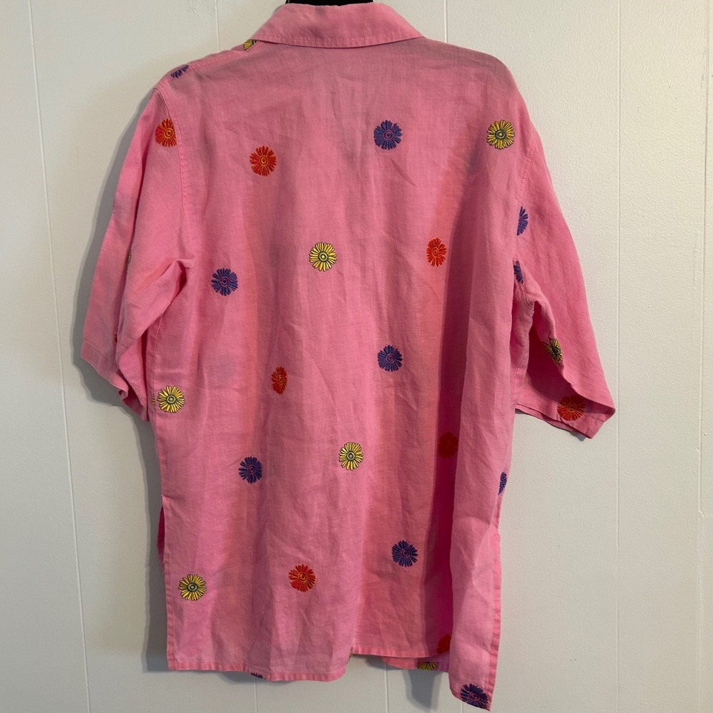 Casey Coleman Pink 100% Linen Embroidered Daisy Button Up Shirt Womens Large - Picture 9 of 11